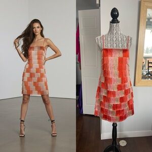 Trina Turk Vibrant Orange and Pink Tiered Fringe Tassel Flapper Party Dress